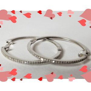 Classic Thin 14K White Gold + Diamonds Hoop Earnings